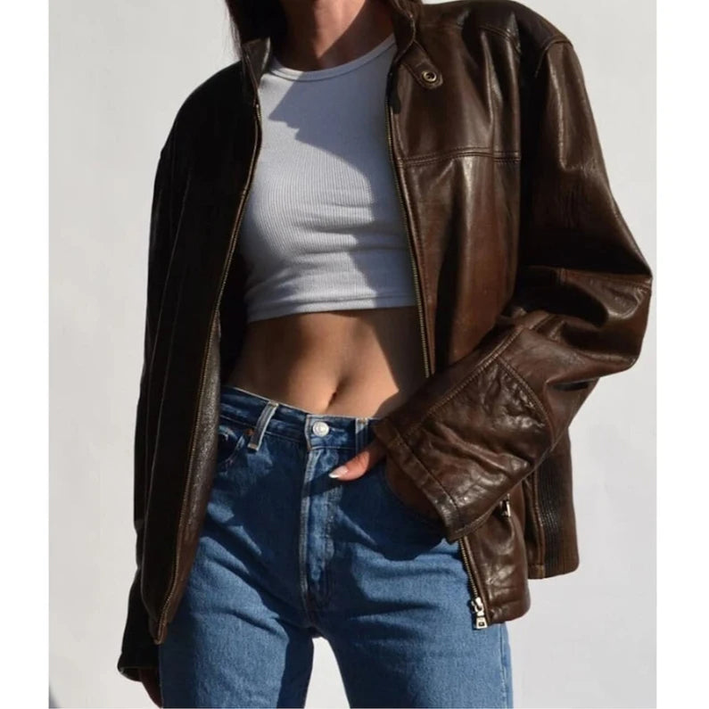 1990’s Women Oversize Streetwear Brown Leather Jacket Biker Jacket Womens Vintage Style Wax Brown Real Sheepskin Leather Motorcycle Overcoat