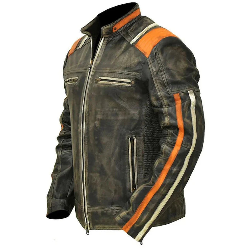 Vintage Style Retro Cafe Racer Contrast Striped Distressed Black Jacket Mens Motorcycle Streetwear Coat