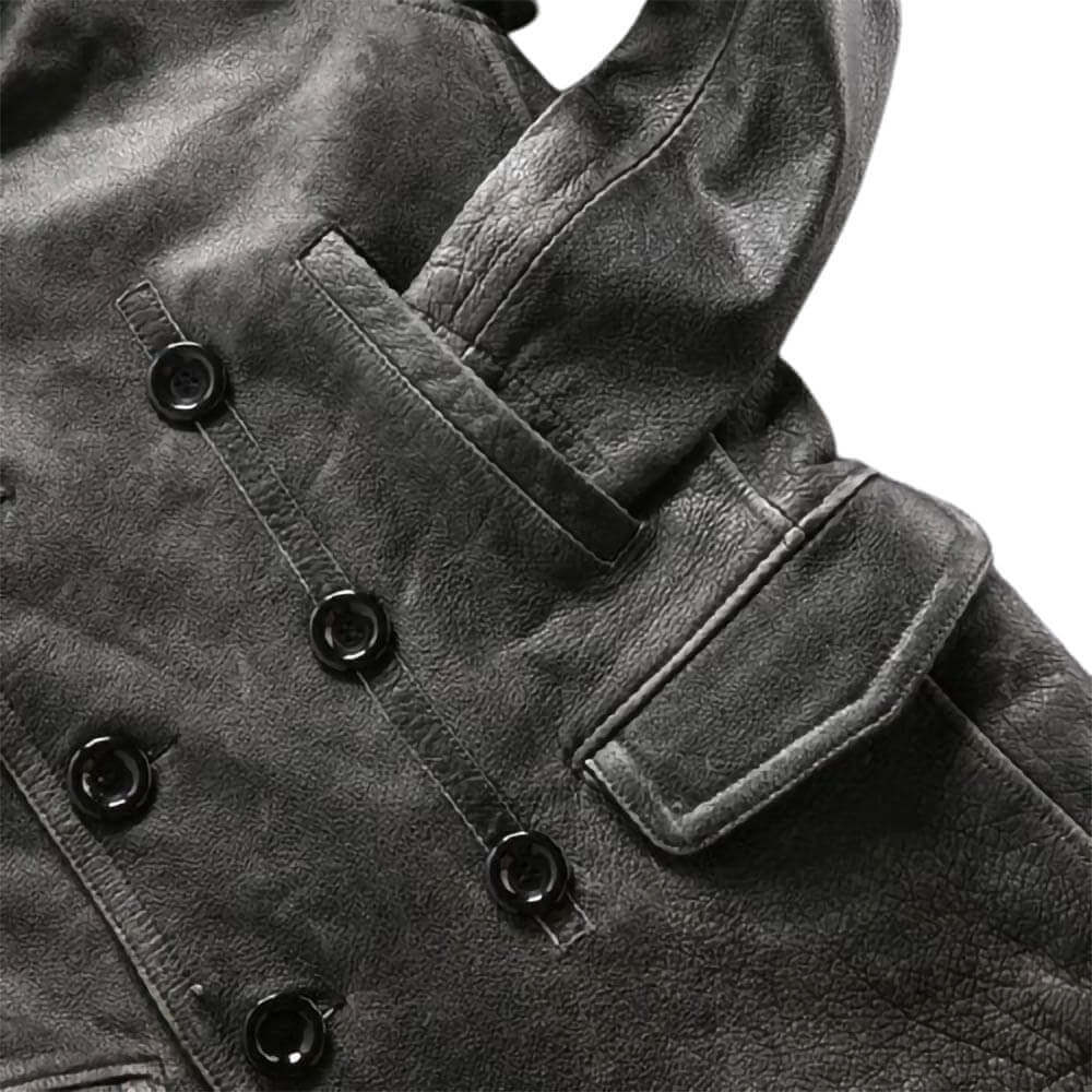 Double Breasted Distressed Grey Vintage Wax Pea Coat Genuine Thick Leather Winter Jacket Mens