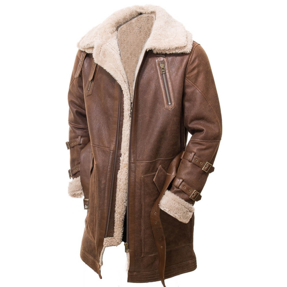 Mens Brown Duffle Trench Coat Fur Shearling Winter Jacket