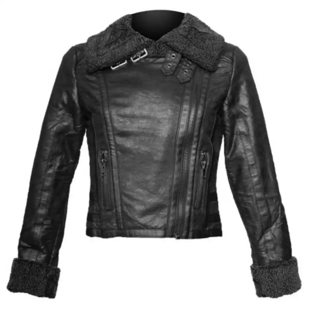 Lustigear High Neck Collar Folded Cuff Black Fur Winter Leather Jacket Womens