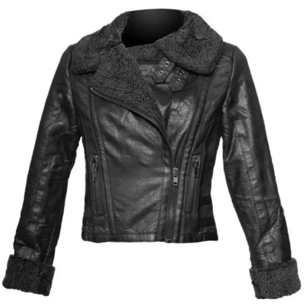 Lustigear High Neck Collar Folded Cuff Black Fur Winter Leather Jacket Womens