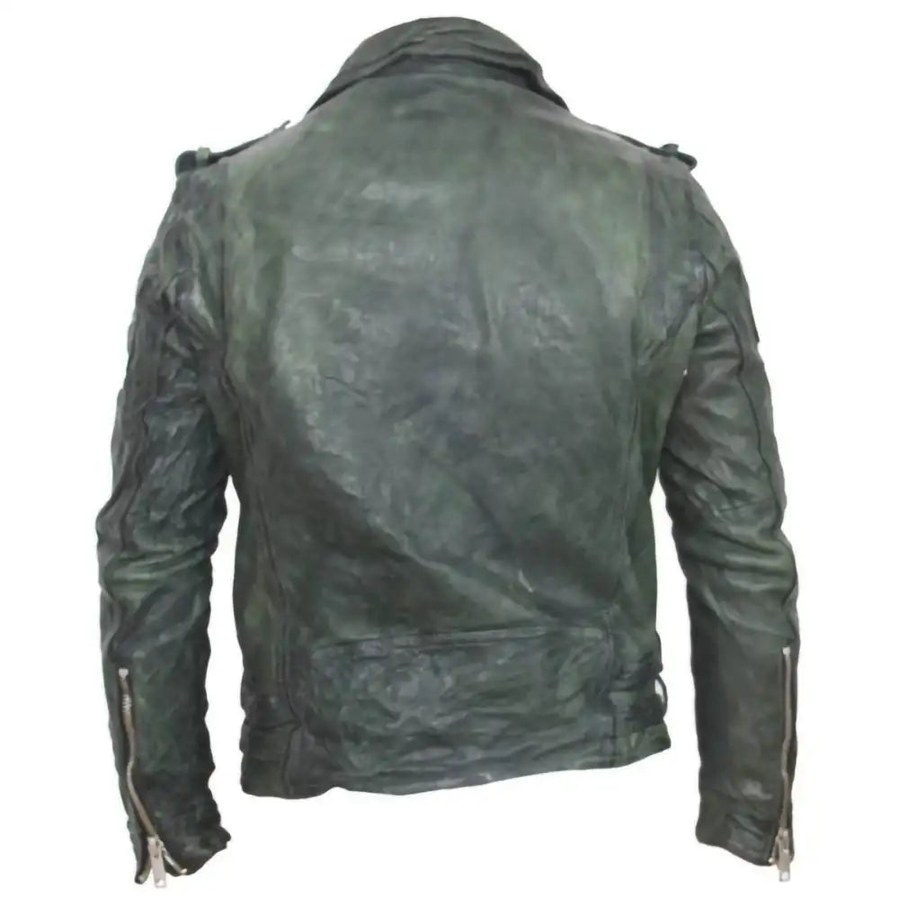 Retro Moto Biker Wrinkle Vintage Style Distressed Green Streetwear Leather Jacket Mens