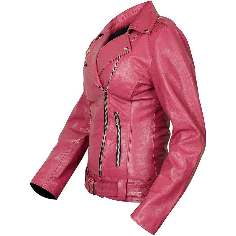 Womens Road Angel Motorcycle Pink Leather Jacket