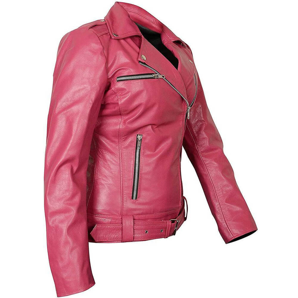 Womens Road Angel Motorcycle Pink Leather Jacket