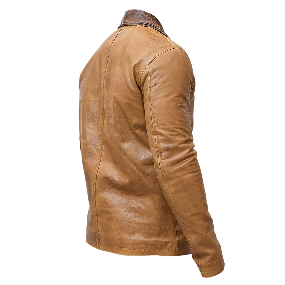 Vintage Style Dark Collar Wax Tan Real Leather Jacket Mens.