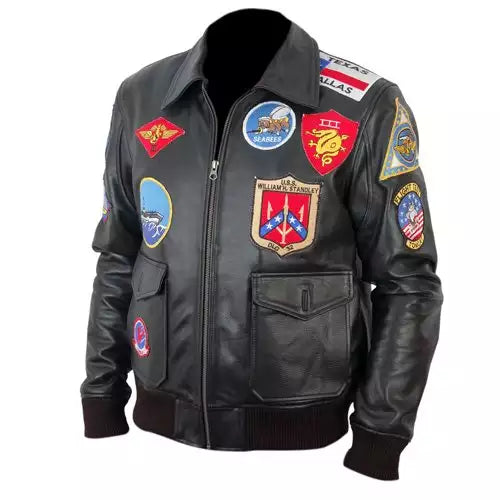 Aviator Bomber Embroidery Patch Black Leather Jacket Mens