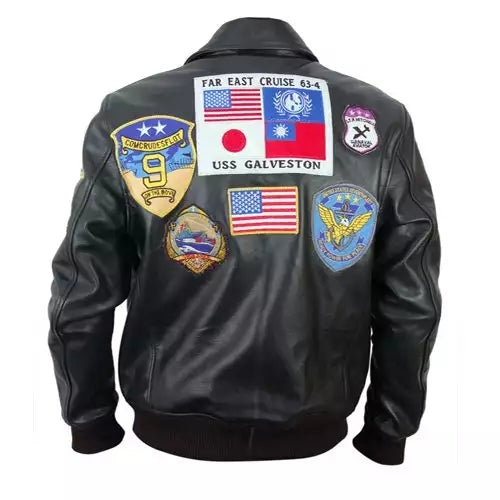 Aviator Bomber Embroidery Patch Black Leather Jacket Mens