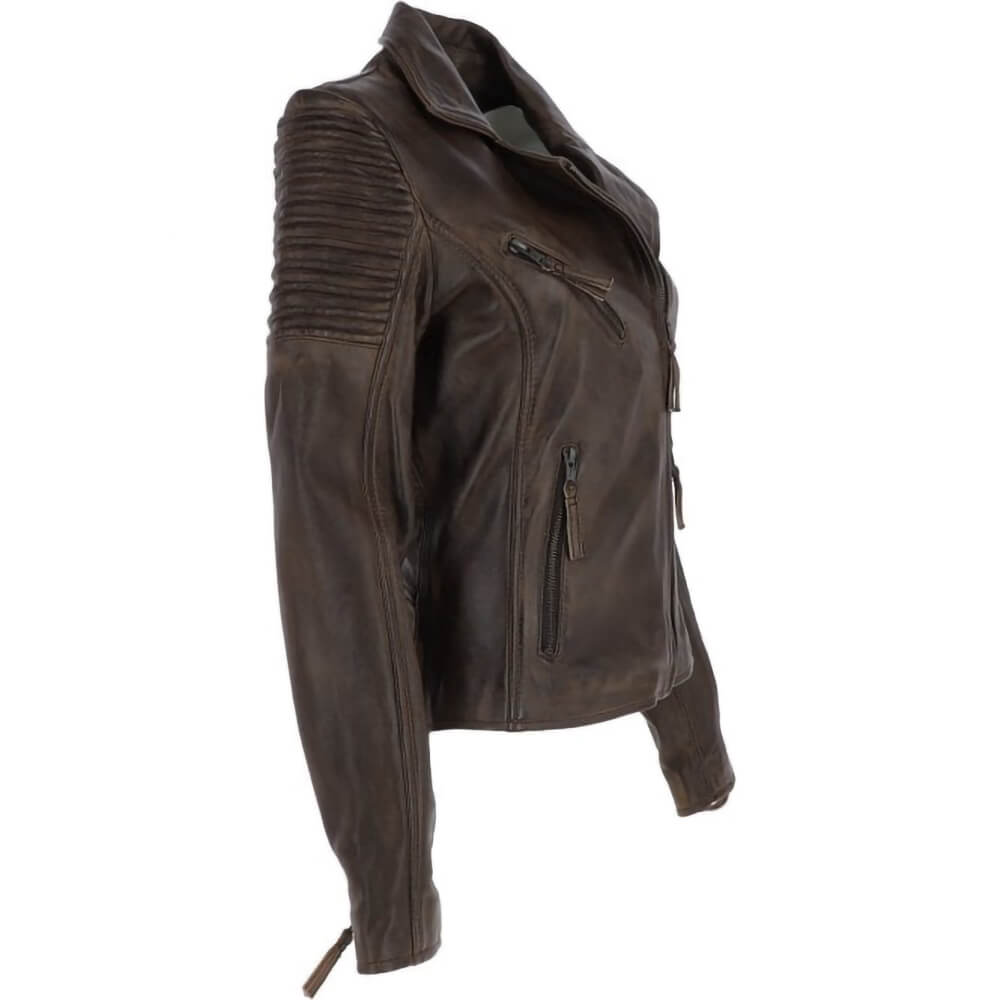 Aviatrix Distressed Brown Biker Leather Jacket Womens