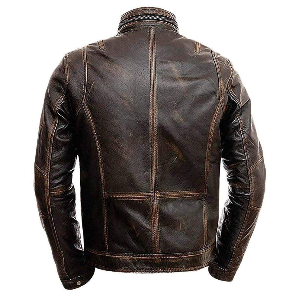 Retro Cafe Racer Distressed Brown Biker Leather Jacket Mens