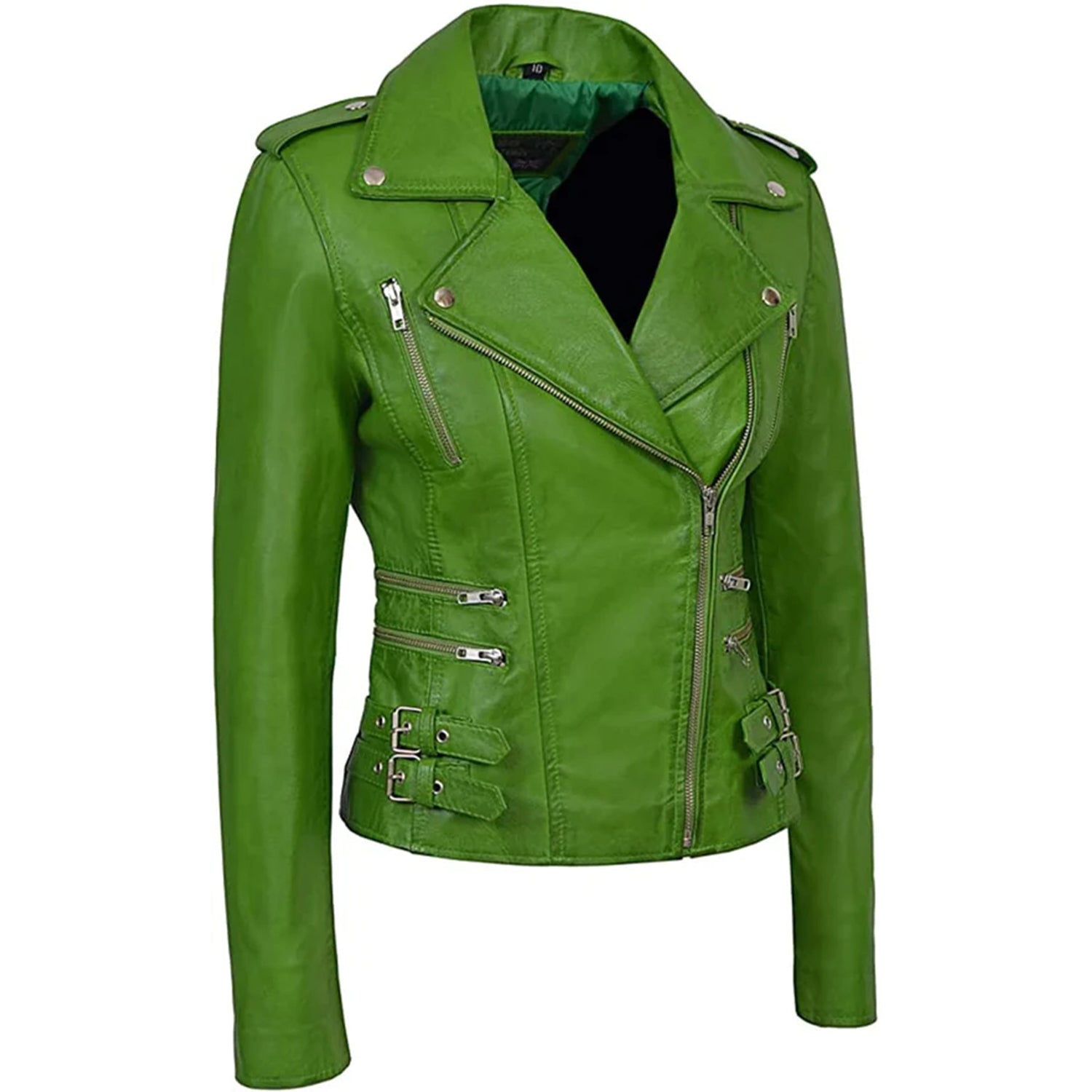 Slim Fit Cropped Moto Biker Leather Jacket Wax Green Women
