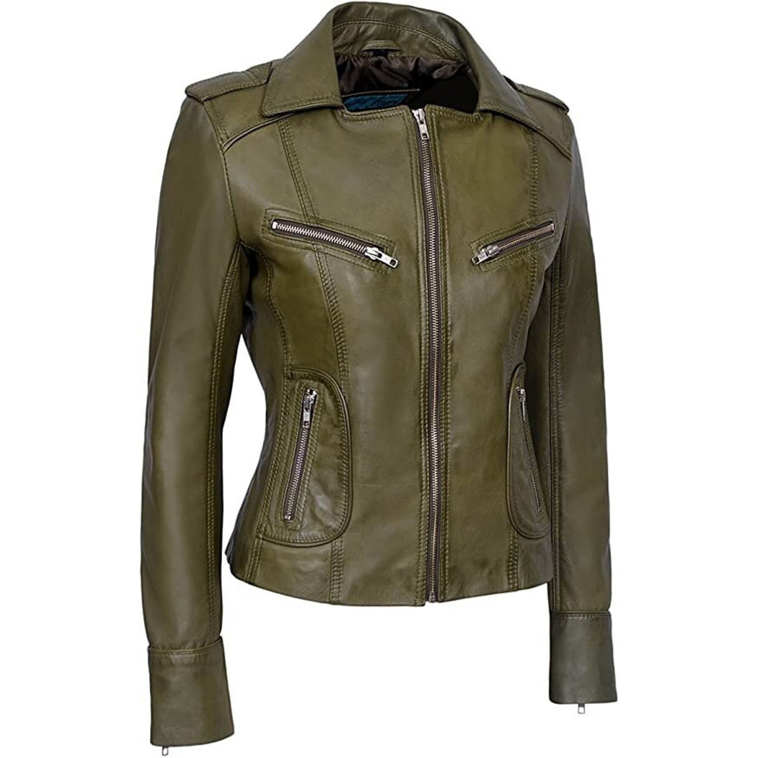 Kurz geschnittene Motorrad-Lederjacke im Vintage-Militärstil für Damen, wachsgrün, Slim-Fit-Bikerjacke