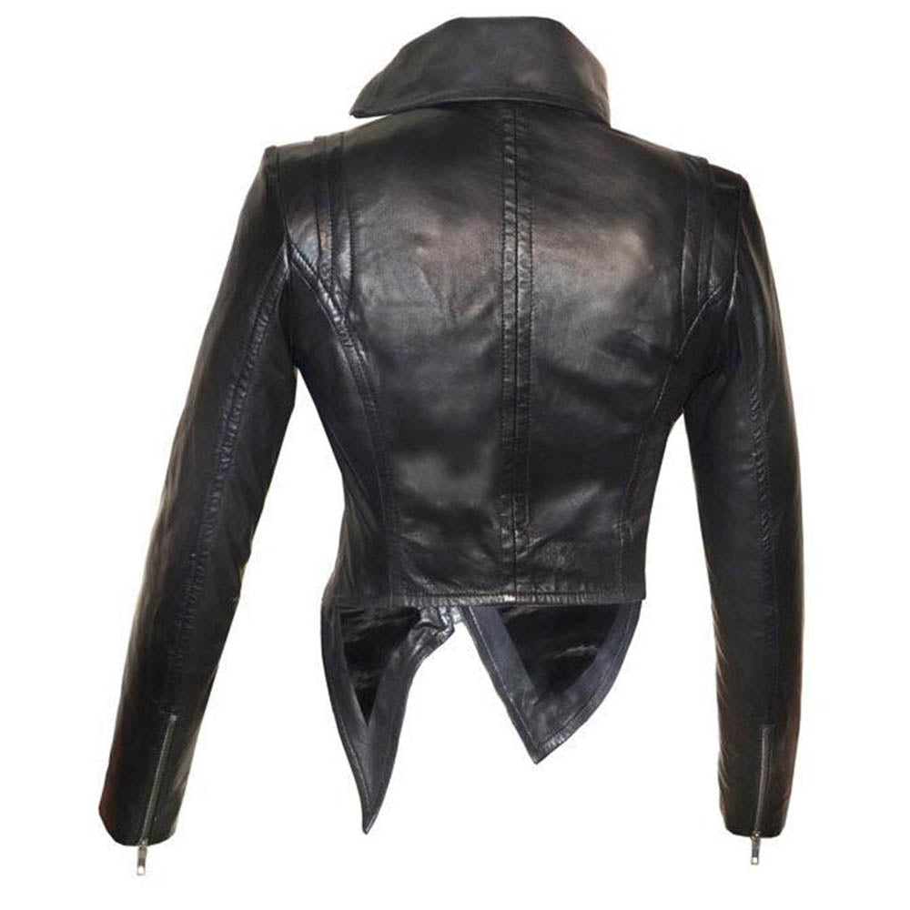 High Collar Designer Style Cross Zip Black Real Leather Jacket Womens