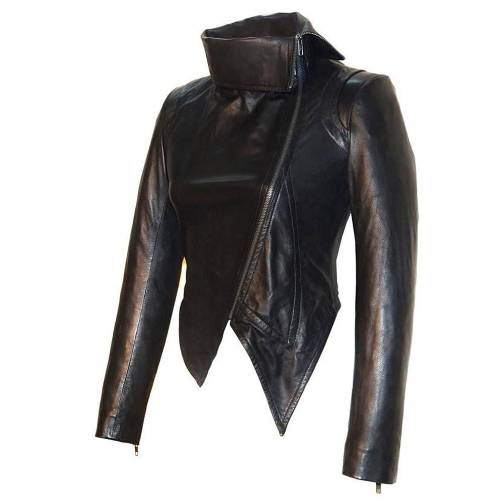 Damenjacke aus echtem Leder im Designer-Stil mit hohem Kragen und Kreuzreißverschluss in Schwarz