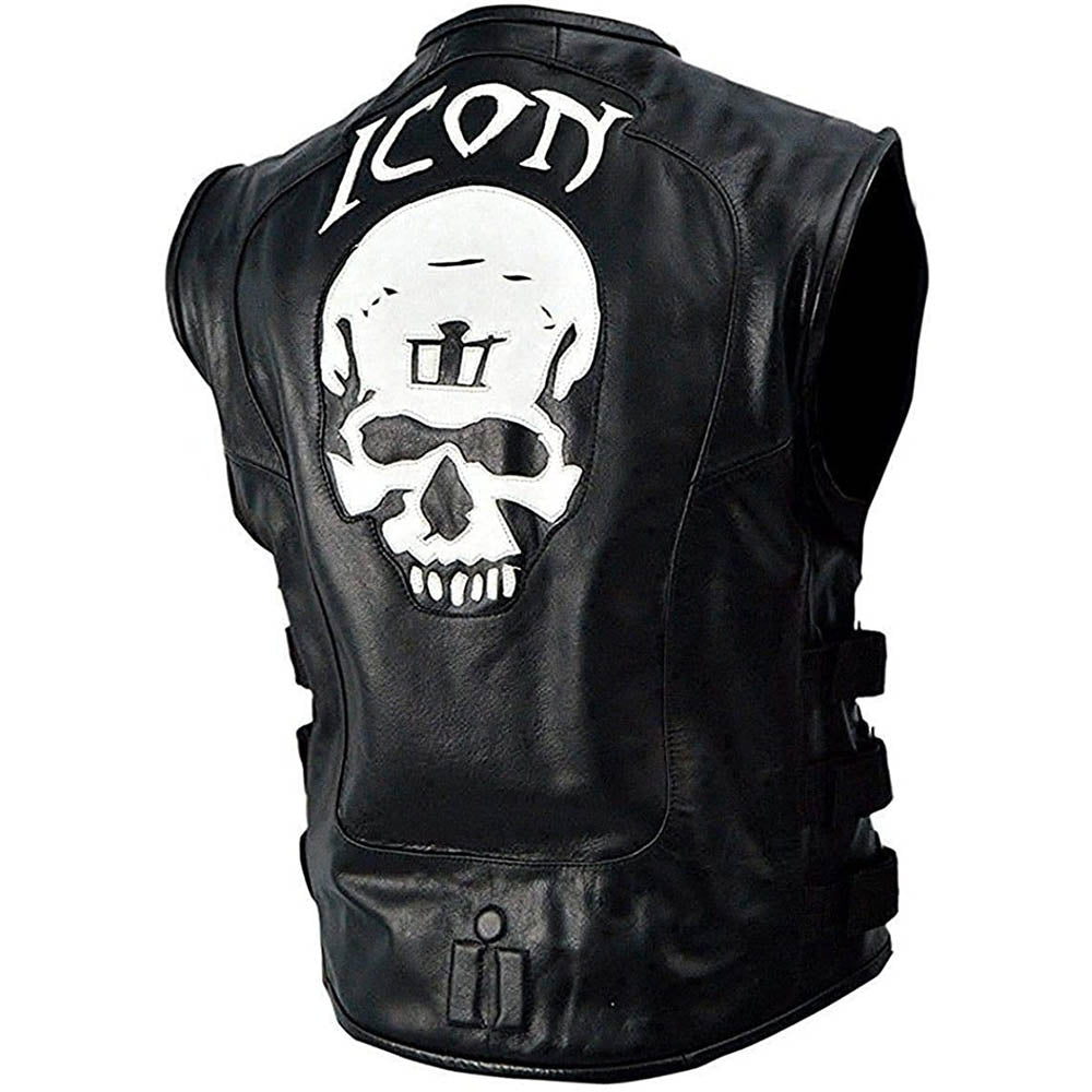 Icon Skull Halloween Style Biker Black Real Leather Vest Mens