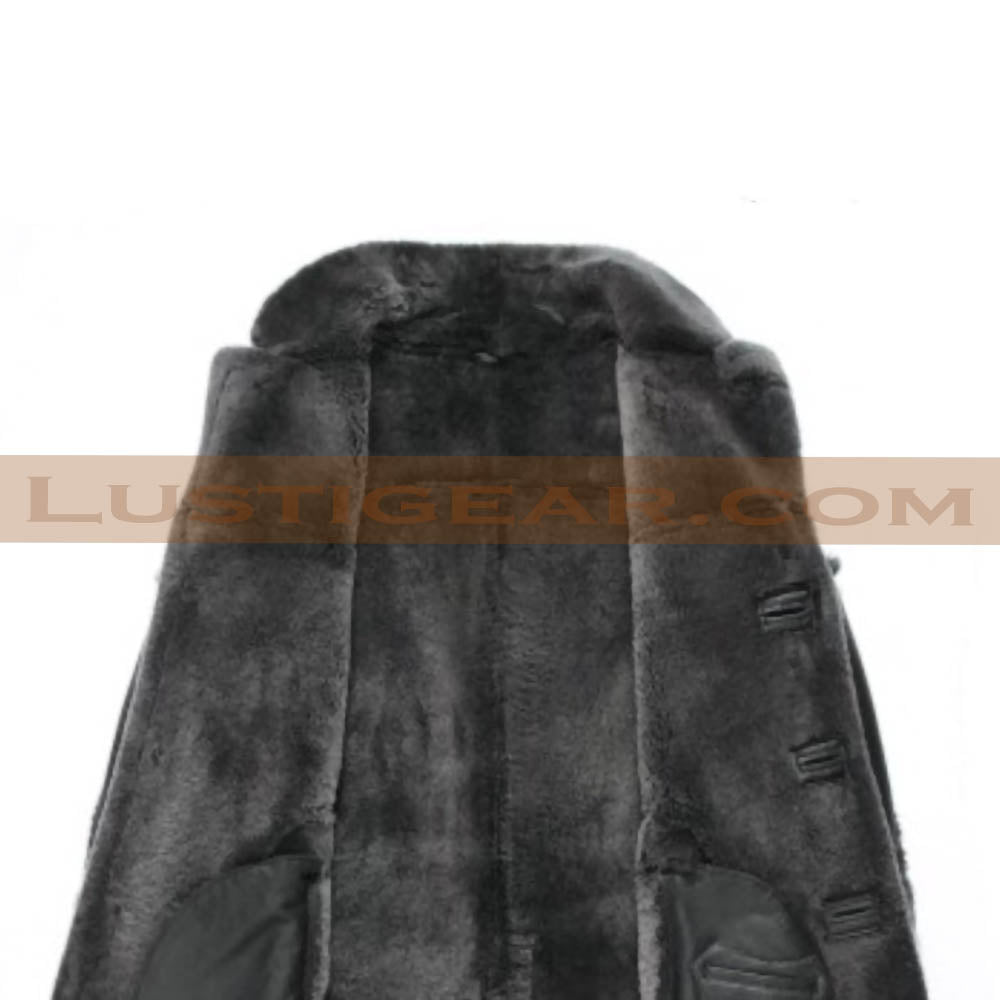 Charcoal Black Leather Long Coat with Black Fur Shearling Mens Winter Jacket