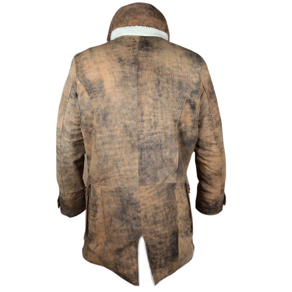 Distressed Brown Coat Winter Fur Shearling Long Jacket Mens