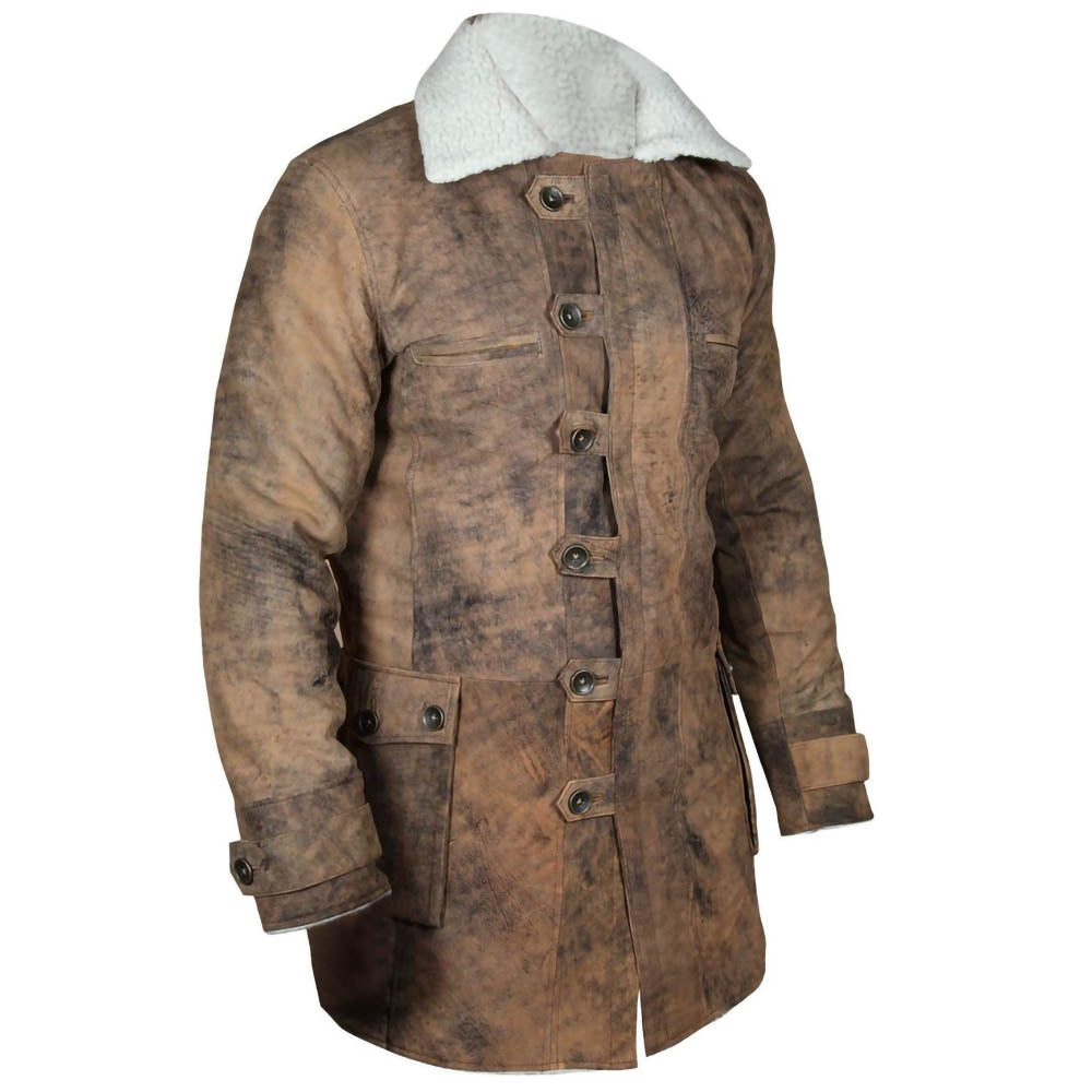 Distressed Brown Coat Winter Fur Shearling Long Jacket Mens