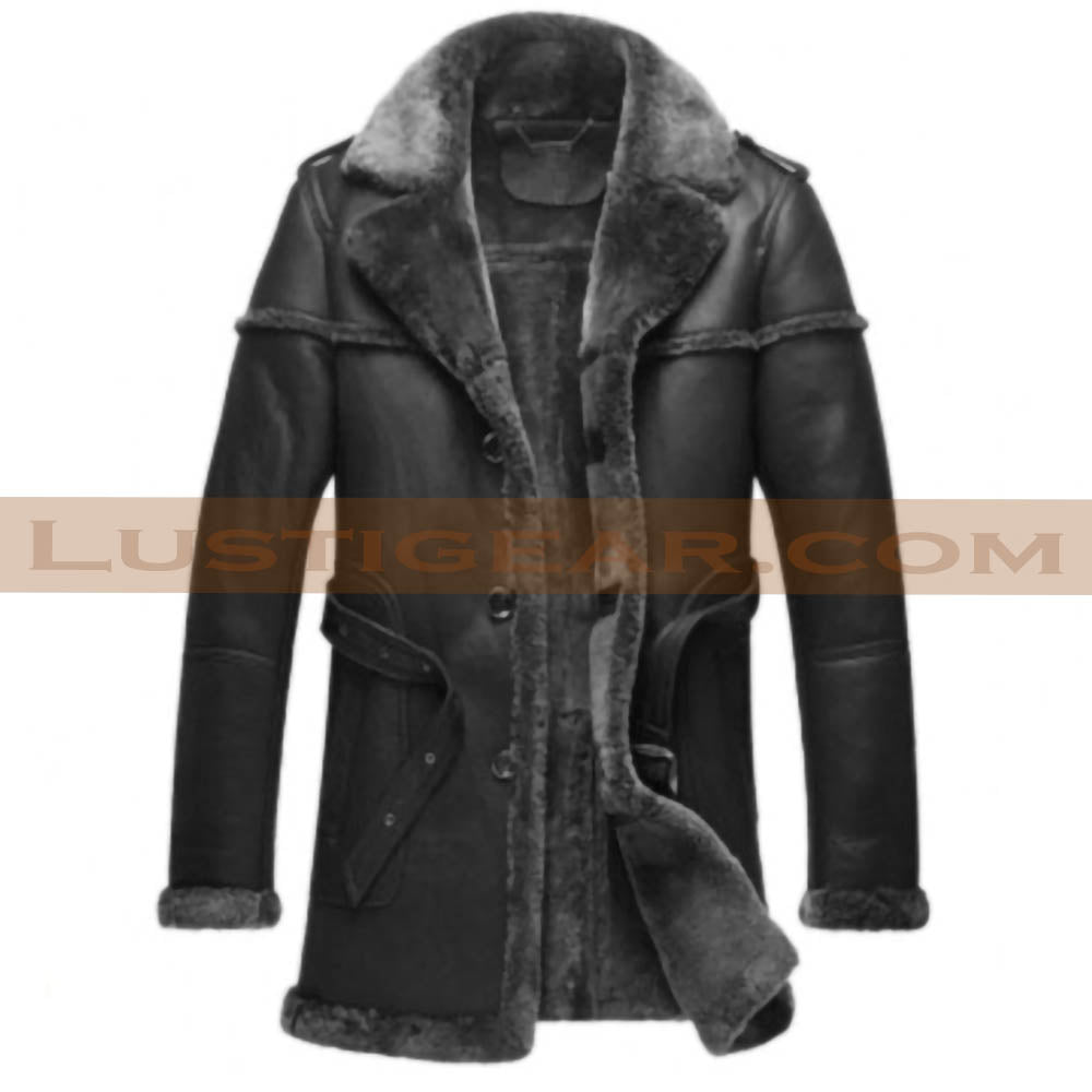 Charcoal Black Leather Long Coat with Black Fur Shearling Mens Winter Jacket