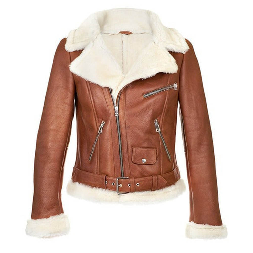 Cropped Style Biker Anti Winter Fur Coat Brown Real Leather Jacket Womens