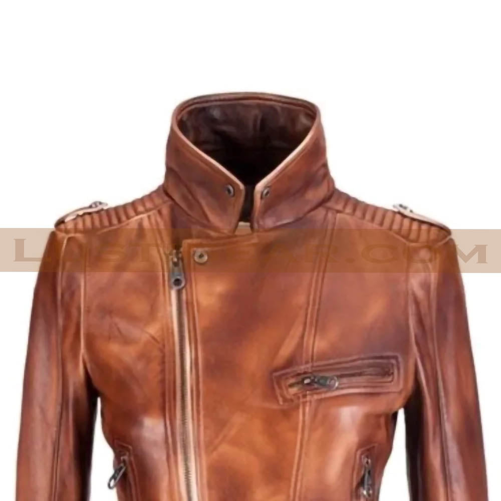 Cropped Style Vintage Wax Tan Womens Streetwear Biker Leather Jacket