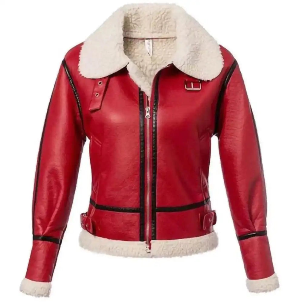 Lustigear Womens Christmas Red Leather Jacket Winter Style Outwear Coat