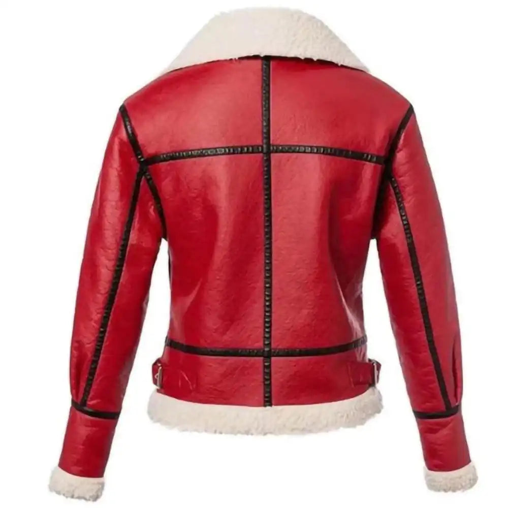 Lustigear Womens Christmas Red Leather Jacket Winter Style Outwear Coat
