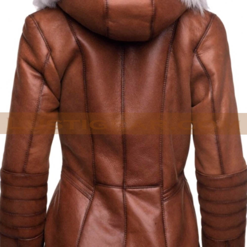 Victorian Style Trench Hooded Fur Coat Womens Wax Brown Long Winter Jacket
