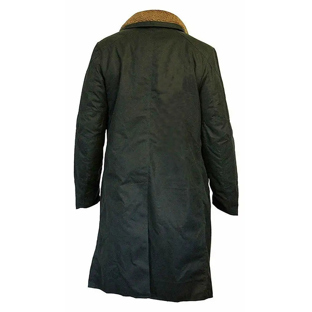 Schwarzer Läufer-Filmkostüm, langer Mantel aus Baumwolle mit Kunstpelzkragen, Jacke für Herren