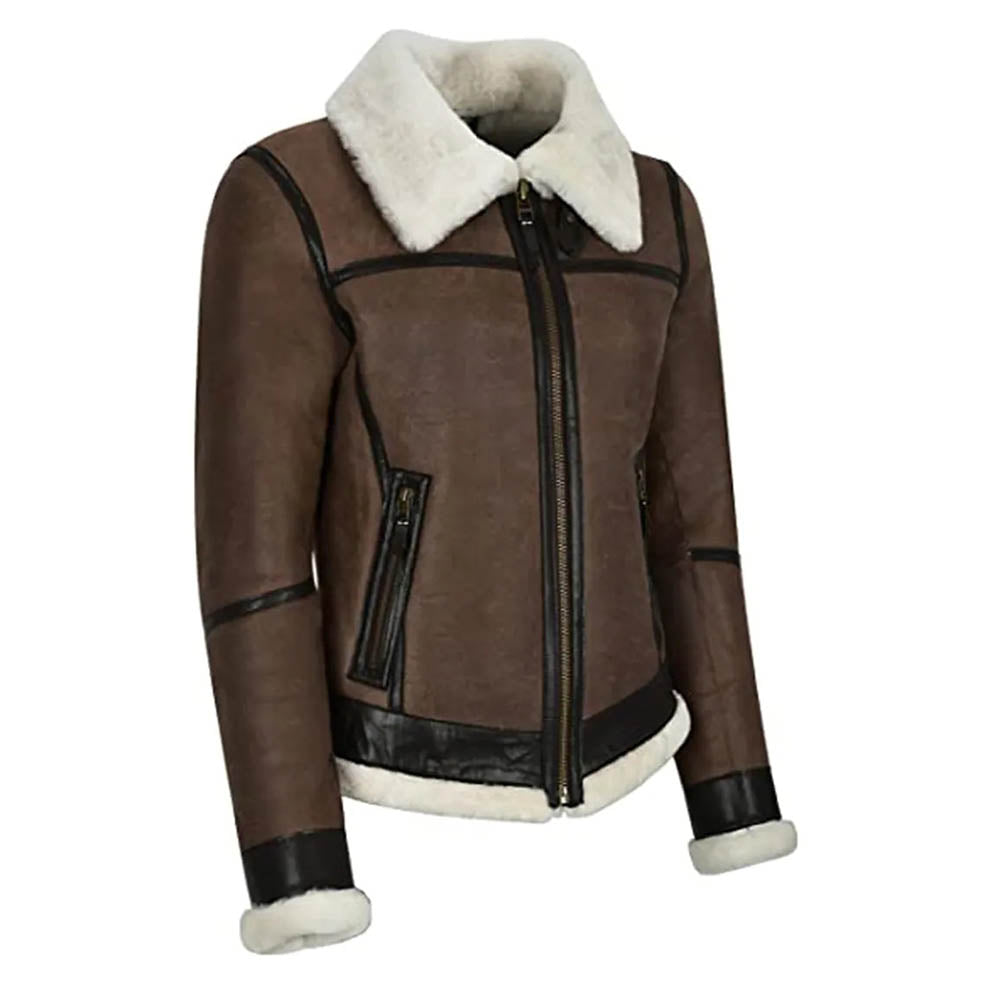 Womens Military Bomber B3 Fur Brown Real Leather Jacket