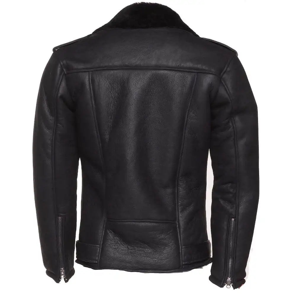 Black on Black Fur Shearling Biker Winter Leather Jacket Mens