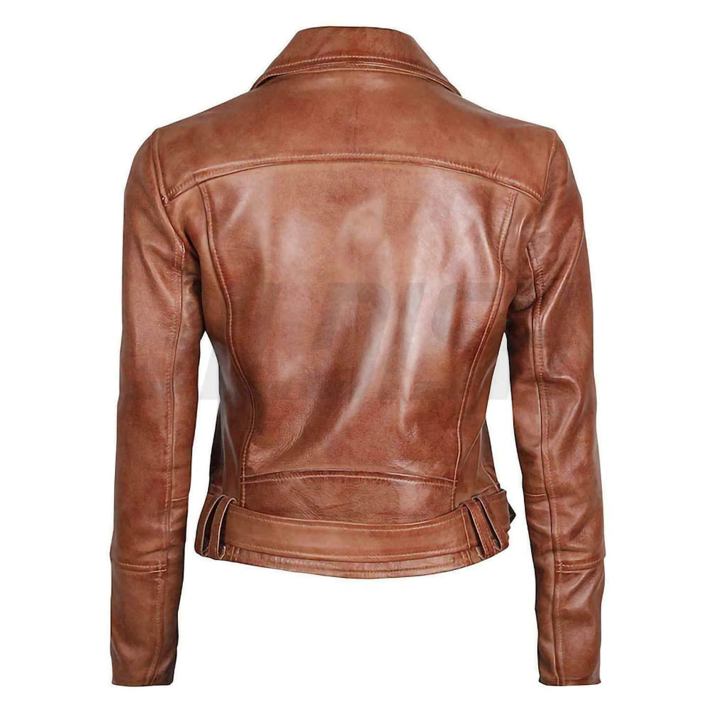 Cropped Style Wax Tan Womens Biker Genuine Leather Motorcycle Jacket
