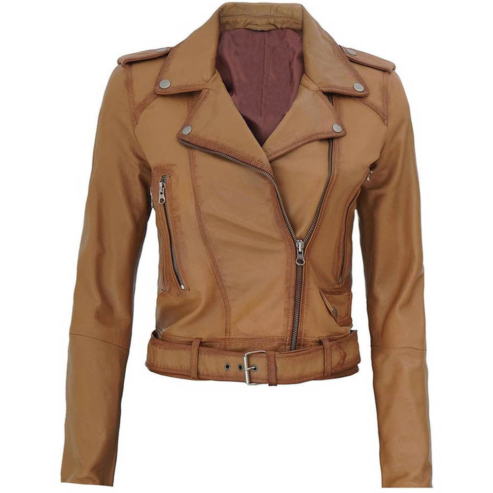 Kurze Biker-Wachs-Beige-Streetwear-Jacke aus echtem Leder für Damen
