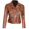 Cropped Style Wax Tan Womens Biker Genuine Leather Motorcycle Jacket