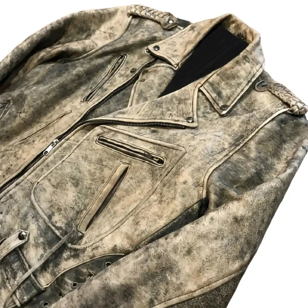 90s Vintage Black Wax Fadded Biker Jacket Mens Distressed Off-white Leather Coat