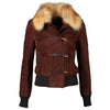 Load image into Gallery viewer, Cropped Style Bomber Leather Jacket with Fur Collar Brown Suede Coat Womens