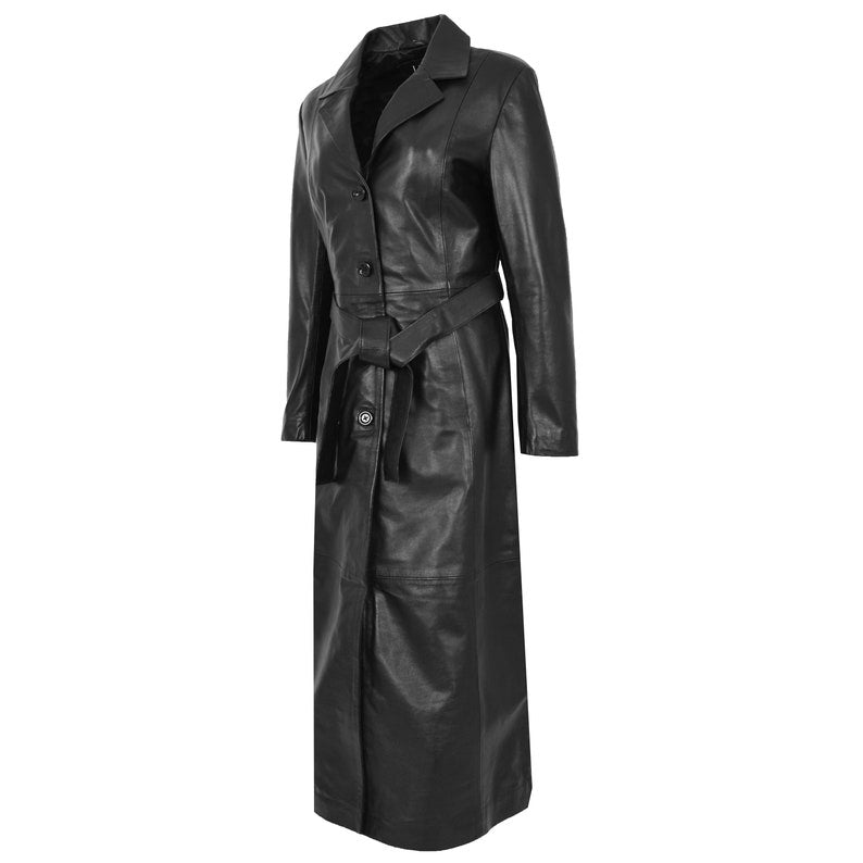 Viktorianischer Modemantel mit vier Knöpfen in voller Länge aus schwarzem Leder für Damen 