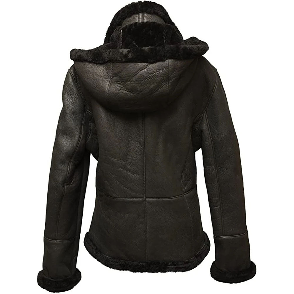 Detachable Hood B3 Bomber Black Leather Jacket with Black Fur, Womens Winter Coat