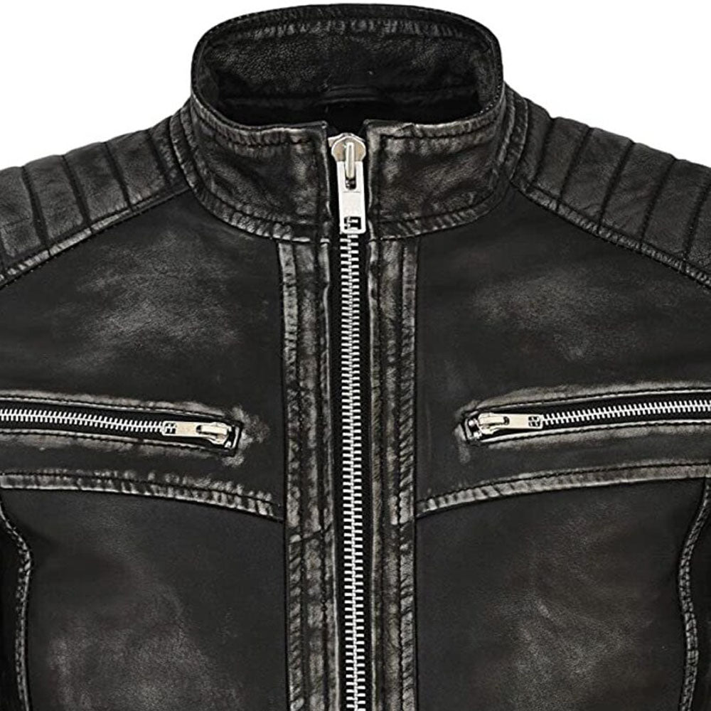 Mens Cafe Racer Distressed Black Biker Leather Jacket