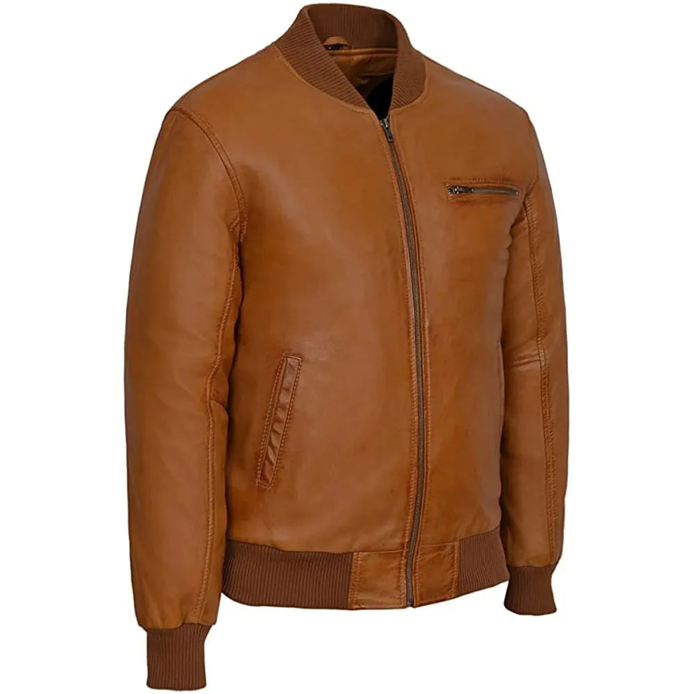 Shane Wax Brown Biker Leather Bomber Winter Jacket Mens