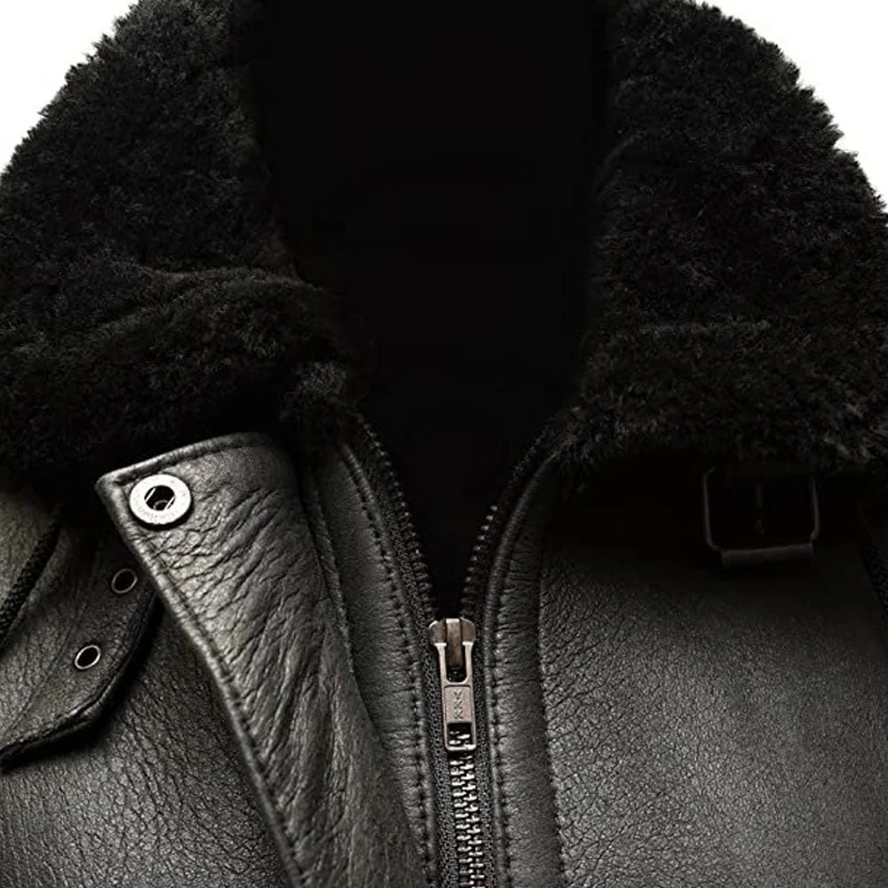 Detachable Hood B3 Bomber Black Leather Jacket with Black Fur, Womens Winter Coat