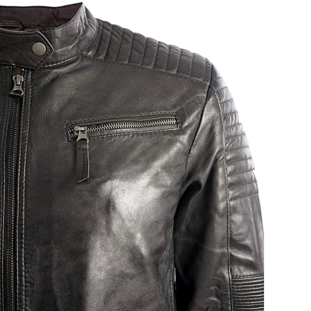 Padded Cafe Racer Retro Biker Genuine Leather Jacket Black Motorcycle Rider Coat