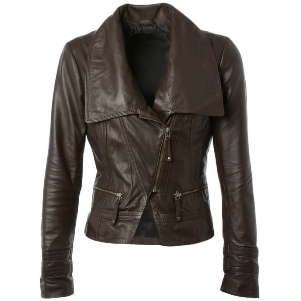 Cropped Fashion Biker Long Collar Slim Fit Brown Real Leather Jacket Womens