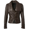 Kurz geschnittene, modische Biker-Jacke mit langem Kragen und schmaler Passform in Braun aus echtem Leder für Damen
