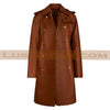 Double Breasted Belted Trench Leather Coat Womens Winter Brown Long Jacket