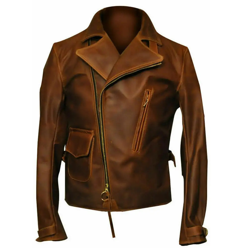 Distressed Brown Biker Real Leather Jacket Mens